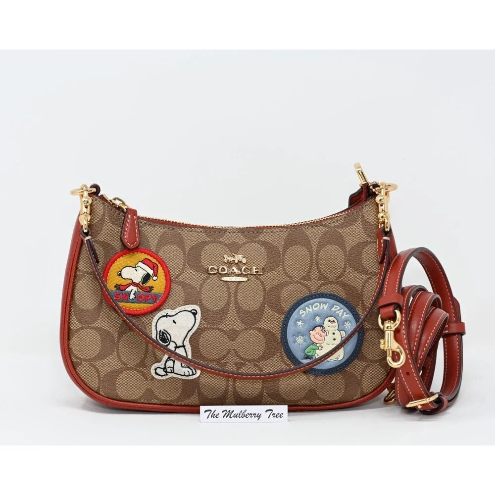 COACH X PEANUTS TERI Shoulder Bag Signature Canvas Snoopy Patches CE848 Org $428